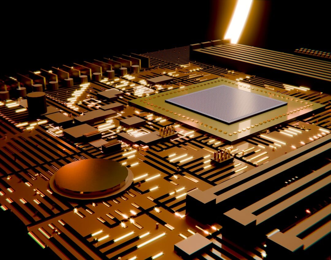 Macro shot of computer microchip and circuit board with golden connections